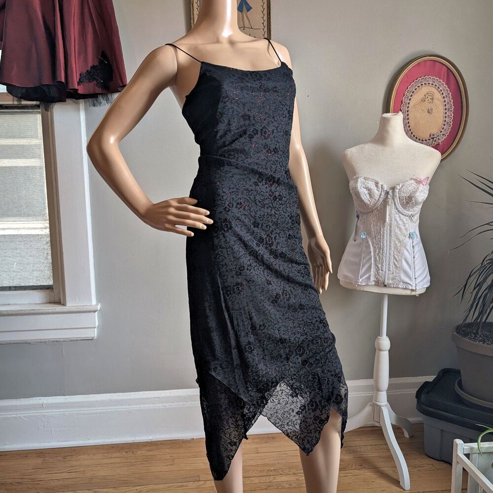 Vintage 90s Byer Too Black Midi Dress Cocktail Floral Glitter Whimsygoth Size M - Picture 16 of 16